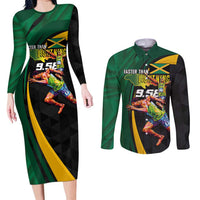 Jamaican Pride Couples Matching Long Sleeve Bodycon Dress and Long Sleeve Button Shirt 9.58 Seconds-Faster Than Lightning - Wonder Print Shop