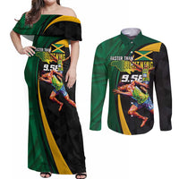 Jamaican Pride Couples Matching Off Shoulder Maxi Dress and Long Sleeve Button Shirt 9.58 Seconds-Faster Than Lightning - Wonder Print Shop
