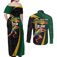 Jamaican Pride Couples Matching Off Shoulder Maxi Dress and Long Sleeve Button Shirt 9.58 Seconds-Faster Than Lightning - Wonder Print Shop