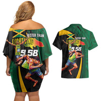 Jamaican Pride Couples Matching Off Shoulder Short Dress and Hawaiian Shirt 9.58 Seconds-Faster Than Lightning - Wonder Print Shop