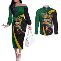 Jamaican Pride Couples Matching Off The Shoulder Long Sleeve Dress and Long Sleeve Button Shirt 9.58 Seconds-Faster Than Lightning - Wonder Print Shop