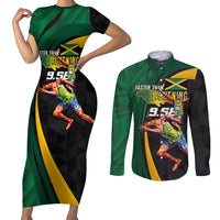 Jamaican Pride Couples Matching Short Sleeve Bodycon Dress and Long Sleeve Button Shirt 9.58 Seconds-Faster Than Lightning - Wonder Print Shop