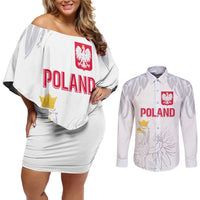 Custom Polish Football Jersey Couples Matching Off Shoulder Short Dress and Long Sleeve Button Shirt Polska Eagle Athletic Soccer - Wonder Print Shop