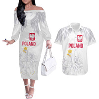 Custom Polish Football Jersey Couples Matching Off The Shoulder Long Sleeve Dress and Hawaiian Shirt Polska Eagle Athletic Soccer - Wonder Print Shop