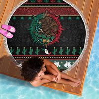 Mexican Christmas Beach Blanket Feliz Navidad Aztec Eagle Emblem and Poinsettia - Wonder Print Shop