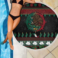 Mexican Christmas Beach Blanket Feliz Navidad Aztec Eagle Emblem and Poinsettia - Wonder Print Shop