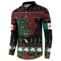 Mexican Christmas Button Sweatshirt Feliz Navidad Aztec Eagle Emblem and Poinsettia - Wonder Print Shop