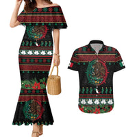 Mexican Christmas Couples Matching Mermaid Dress and Hawaiian Shirt Feliz Navidad Aztec Eagle Emblem and Poinsettia - Wonder Print Shop