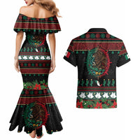 Mexican Christmas Couples Matching Mermaid Dress and Hawaiian Shirt Feliz Navidad Aztec Eagle Emblem and Poinsettia - Wonder Print Shop