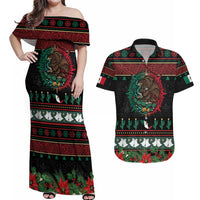 Mexican Christmas Couples Matching Off Shoulder Maxi Dress and Hawaiian Shirt Feliz Navidad Aztec Eagle Emblem and Poinsettia - Wonder Print Shop