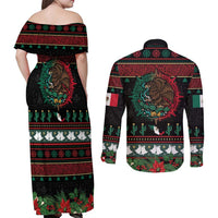 Mexican Christmas Couples Matching Off Shoulder Maxi Dress and Long Sleeve Button Shirt Feliz Navidad Aztec Eagle Emblem and Poinsettia - Wonder Print Shop