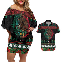 Mexican Christmas Couples Matching Off Shoulder Short Dress and Hawaiian Shirt Feliz Navidad Aztec Eagle Emblem and Poinsettia - Wonder Print Shop