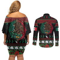 Mexican Christmas Couples Matching Off Shoulder Short Dress and Long Sleeve Button Shirt Feliz Navidad Aztec Eagle Emblem and Poinsettia - Wonder Print Shop