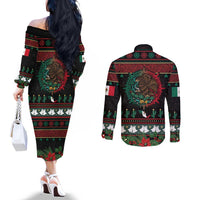 Mexican Christmas Couples Matching Off The Shoulder Long Sleeve Dress and Long Sleeve Button Shirt Feliz Navidad Aztec Eagle Emblem and Poinsettia