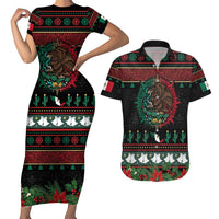 Mexican Christmas Couples Matching Short Sleeve Bodycon Dress and Hawaiian Shirt Feliz Navidad Aztec Eagle Emblem and Poinsettia - Wonder Print Shop