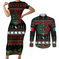 Mexican Christmas Couples Matching Short Sleeve Bodycon Dress and Long Sleeve Button Shirt Feliz Navidad Aztec Eagle Emblem and Poinsettia - Wonder Print Shop