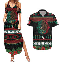 Mexican Christmas Couples Matching Summer Maxi Dress and Hawaiian Shirt Feliz Navidad Aztec Eagle Emblem and Poinsettia - Wonder Print Shop