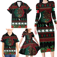 Mexican Christmas Family Matching Long Sleeve Bodycon Dress and Hawaiian Shirt Feliz Navidad Aztec Eagle Emblem and Poinsettia - Wonder Print Shop