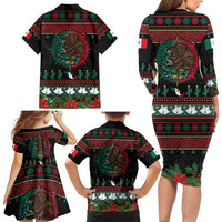 Mexican Christmas Family Matching Long Sleeve Bodycon Dress and Hawaiian Shirt Feliz Navidad Aztec Eagle Emblem and Poinsettia - Wonder Print Shop
