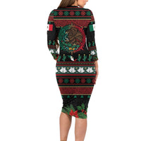 Mexican Christmas Family Matching Long Sleeve Bodycon Dress and Hawaiian Shirt Feliz Navidad Aztec Eagle Emblem and Poinsettia - Wonder Print Shop
