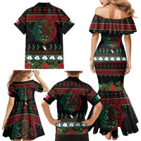 Mexican Christmas Family Matching Mermaid Dress and Hawaiian Shirt Feliz Navidad Aztec Eagle Emblem and Poinsettia - Wonder Print Shop