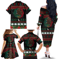 Mexican Christmas Family Matching Off The Shoulder Long Sleeve Dress and Hawaiian Shirt Feliz Navidad Aztec Eagle Emblem and Poinsettia - Wonder Print Shop