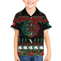 Mexican Christmas Family Matching Off The Shoulder Long Sleeve Dress and Hawaiian Shirt Feliz Navidad Aztec Eagle Emblem and Poinsettia - Wonder Print Shop