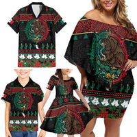Mexican Christmas Family Matching Off Shoulder Short Dress and Hawaiian Shirt Feliz Navidad Aztec Eagle Emblem and Poinsettia - Wonder Print Shop