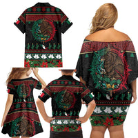 Mexican Christmas Family Matching Off Shoulder Short Dress and Hawaiian Shirt Feliz Navidad Aztec Eagle Emblem and Poinsettia - Wonder Print Shop