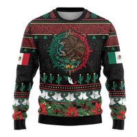 Mexican Christmas Ugly Christmas Sweater Feliz Navidad Aztec Eagle Emblem and Poinsettia - Wonder Print Shop