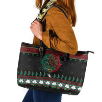 Mexican Christmas Leather Tote Bag Feliz Navidad Aztec Eagle Emblem and Poinsettia - Wonder Print Shop