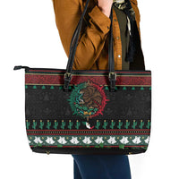 Mexican Christmas Leather Tote Bag Feliz Navidad Aztec Eagle Emblem and Poinsettia - Wonder Print Shop
