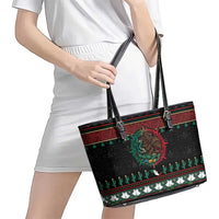 Mexican Christmas Leather Tote Bag Feliz Navidad Aztec Eagle Emblem and Poinsettia - Wonder Print Shop