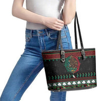 Mexican Christmas Leather Tote Bag Feliz Navidad Aztec Eagle Emblem and Poinsettia - Wonder Print Shop
