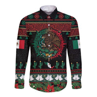 Mexican Christmas Long Sleeve Button Shirt Feliz Navidad Aztec Eagle Emblem and Poinsettia - Wonder Print Shop