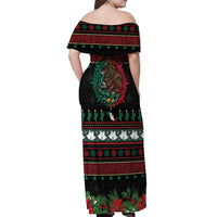Mexican Christmas Off Shoulder Maxi Dress Feliz Navidad Aztec Eagle Emblem and Poinsettia - Wonder Print Shop