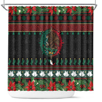 Mexican Christmas Shower Curtain Feliz Navidad Aztec Eagle Emblem and Poinsettia