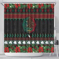 Mexican Christmas Shower Curtain Feliz Navidad Aztec Eagle Emblem and Poinsettia