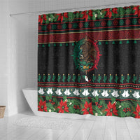 Mexican Christmas Shower Curtain Feliz Navidad Aztec Eagle Emblem and Poinsettia