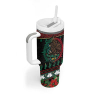 Mexican Christmas Tumbler With Handle Feliz Navidad Aztec Eagle Emblem and Poinsettia - Wonder Print Shop