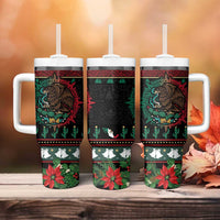 Mexican Christmas Tumbler With Handle Feliz Navidad Aztec Eagle Emblem and Poinsettia - Wonder Print Shop