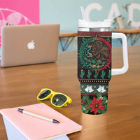 Mexican Christmas Tumbler With Handle Feliz Navidad Aztec Eagle Emblem and Poinsettia - Wonder Print Shop