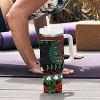 Mexican Christmas Tumbler With Handle Feliz Navidad Aztec Eagle Emblem and Poinsettia - Wonder Print Shop
