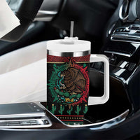 Mexican Christmas Tumbler With Handle Feliz Navidad Aztec Eagle Emblem and Poinsettia - Wonder Print Shop