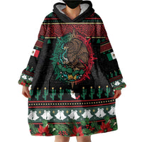 Mexican Christmas Wearable Blanket Hoodie Feliz Navidad Aztec Eagle Emblem and Poinsettia - Wonder Print Shop