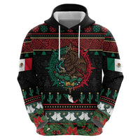 Mexican Christmas Zip Hoodie Feliz Navidad Aztec Eagle Emblem and Poinsettia - Wonder Print Shop
