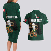 Personalized Mexican Culture Couples Matching Long Sleeve Bodycon Dress and Hawaiian Shirt Aztec Spirit Mexico with Eagle Emblem and Maya Ancient - Wonder Print Shop