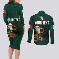Personalized Mexican Culture Couples Matching Long Sleeve Bodycon Dress and Long Sleeve Button Shirt Aztec Spirit Mexico with Eagle Emblem and Maya Ancient - Wonder Print Shop