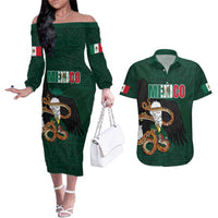 Personalized Mexican Culture Couples Matching Off The Shoulder Long Sleeve Dress and Hawaiian Shirt Aztec Spirit Mexico with Eagle Emblem and Maya Ancient - Wonder Print Shop