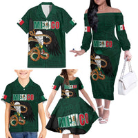 Personalized Mexican Culture Family Matching Off The Shoulder Long Sleeve Dress and Hawaiian Shirt Aztec Spirit Mexico with Eagle Emblem and Maya Ancient - Wonder Print Shop